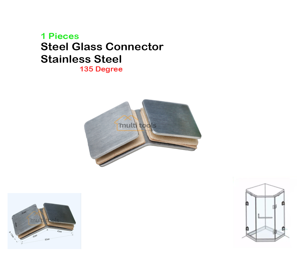 Steel Glass Connector 135 Degree Stainless Steel